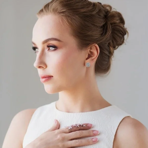 Cate & Chloe 18k White Gold Plated Halo Pendant Necklace & Crystal Stud Earrings - Picture 4 of 10